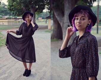 Vintage, 1970's, Sheer, Polka Dot, Button up, Dress