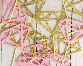 24 Diamond Donut Toppers, Diamond Toppers, Diamond Donut Toppers, Diamond cupcake Toppers, pink and gold diamond topper