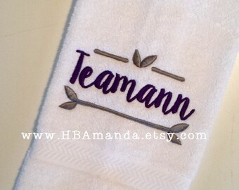 Last Name Monogram + Leaf design hand towels - Set of 2 Towels - Choose thread colors + towel colors
