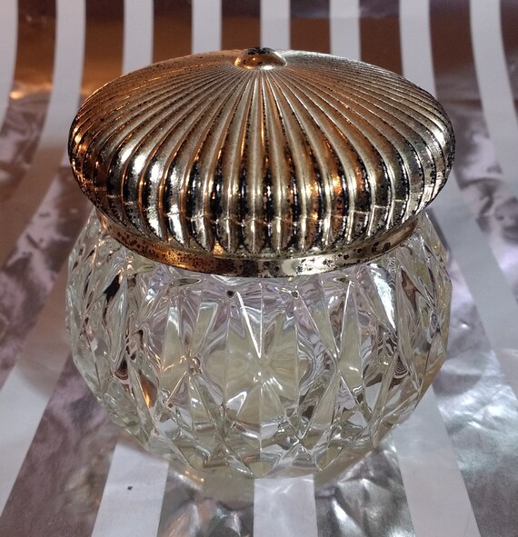 Vintage Avon Cut Glass Vanity Jar with Metallic Lid