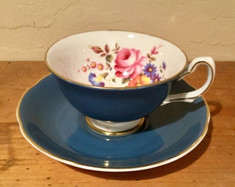 Vintage Royal Grafton Bone China Blue Grey with Floral Tea Cup and Saucer 1950's