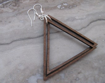Jumbo Walnut Wood Triangle Hoop Earrings Silver Ear Wires Joanna Gaines Inspired Large Hoops Toniraecreations