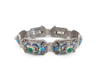 Chinese Silver Enamel Bat Bracelet - Sterling Silver, Green Tourmaline, Chinese Export, Chinese Bracelet, Vintage Bracelet
