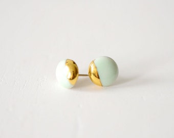22k Gold Dipped Studs - Mint Stud Earrings, Wedding Jewelry, 14k gold filled posts, Bridesmaids Gift, Porcelain and Stone