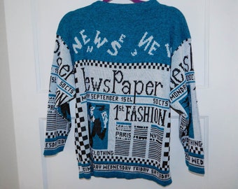 Vintage 80s newspaper fashion theme knit sweater M / L