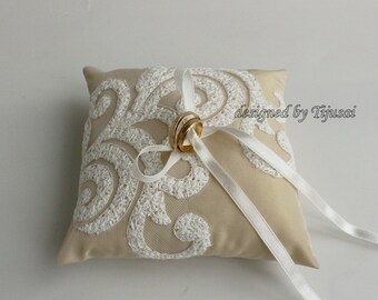 Beige ring bearer pillow with embroidered lace --- wedding ring bearer pillow, wedding rings pillow , wedding pillow