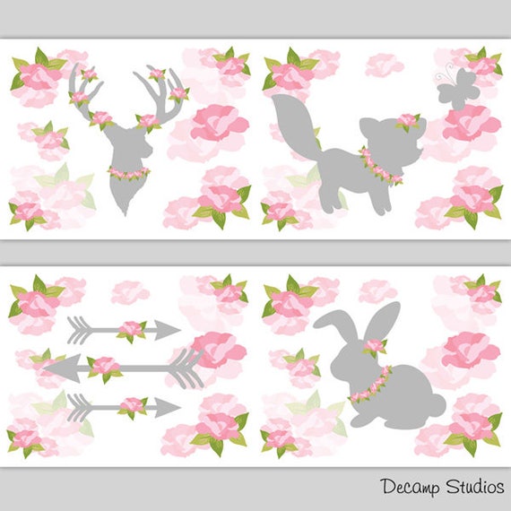 DEER ROSES ANTLER Woodland Nursery Border Decals Wall Art DEER ROSES ANTLER Woodland Nursery Border Decals Wall Art