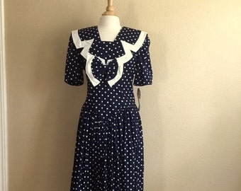 Vintage DEADSTOCK Navy & White POLKA Dot BOW Dress / 80s Kate Warner / Womens Medium Large