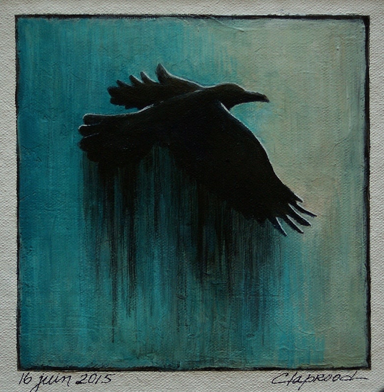 Original art black bird painting bird wall art blue sky and