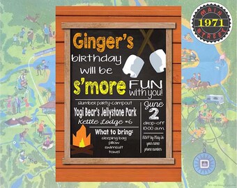 Camping Campground S'mores Custom Chalkboard Birthday Party Invitation Digital Download
