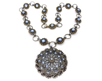 Vintage 1940s Blue Vauxhall Glass Panel Necklace