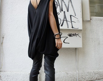 Oversize Twisted Tunic Top/ Black Loose Dress- Tunic / Asymmetrical Top A02068