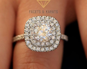 2 Carat Round Double Halo Engagement Ring, Wedding Bridal Ring Set in Solid 14k White Gold Lab Created Man Made Synthetic Simulated Diamonds