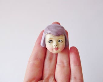 Antique Doll Brooch Sophie - Handmade Paperclay Doll Pin