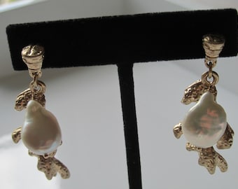 Gold-tone Coral Branch Pearl Dangle Earrings