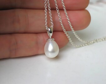 Teardrop Pearl Pendant Necklace | White Freshwater Pearl Drop | Argentium Sterling Silver Chain | Birthday Gift | Wedding | Ready to Ship