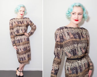1960's Renaissance Art Novelty Print Wiggle Dress | Long Sleeve | Boat Neck | Size Medium