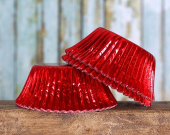 Red Foil Cupcake Liners, Red Foil Wedding Cupcake Liners, Foil Baking Cups, Red Holiday Liners, Red Foil Muffin Cups, Red Cupcake Tins (50)