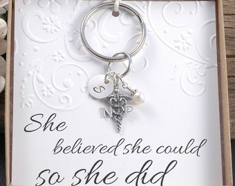 NP Nurse Practitioner Key Chain, Sterling Silver, Initial Charm, Pearl or Birthstone, Nurse keychain, Nurse graduation keyring, Key Ring