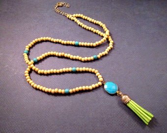 Green Suede Tassel Necklace, Turquoise Pendant Necklace, Wood and Stone Beaded Necklace, FREE Shipping U.S.