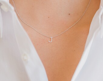 diamond initial necklace, diamond letter necklace, 14k solid gold