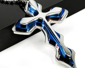 Silver and Blue Stainless Steel Cross Pendant Necklace