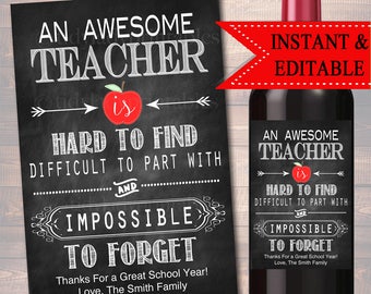 EDITABLE Teacher Gift, End of School Year Wine Label INSTANT DOWNLOAD, Printable Teacher Appreciation, Teacher Wine Label, Christmas Gift