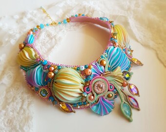 Shibori Necklace - Soutache Necklace - Soutache embroidery and Shibori ribbon necklace- Shibori ribbon bead embroidered