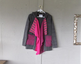 upcycled clothing rustic Hoodie spring Jacket X L repurposed Lagenlook Tunic wearable art Bohemian patchwork sweatshirt LillieNoraDryGoods