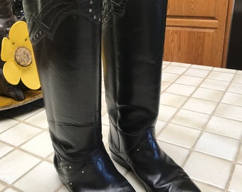 VTG Black Tall Leather Riding Boots With Crocodile Trim. Sandler Of Boston...Equestrian Boots Sz 8B