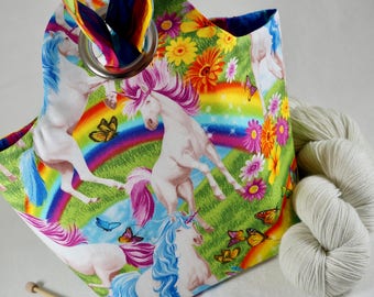 MEDIUM Unicorn Feathers Project Bag, Knitting Project Bag, Reversible, Pocket, Crochet Project Bag, Saxi Bags, Saxi Bag, Yarn Bag, Knot Bag