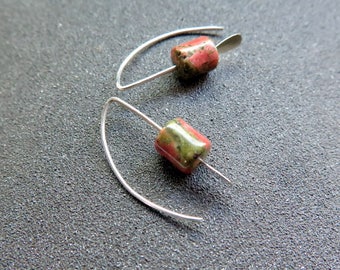 ON HOLD small green stone earrings. unakite jewelry. pink jewellery. Canadian seller.