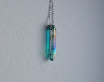 Necklace J Aqua aura quarts pointed necklace blue rainbow aura