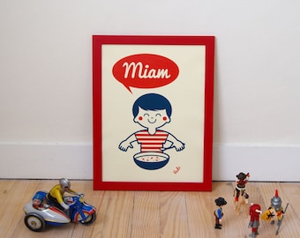 Affiche enfant, A3, illustration rétro,vintage, garçon, chambre garçon, miam, Atelier VUDO, vudo,