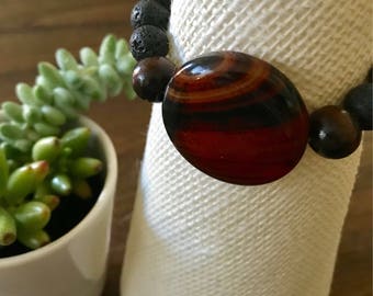 Lava Bead Aromatherapy Bracelet with Banded Agate Stone Accent