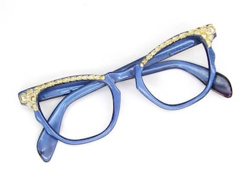 Vintage 50s Blue Cat Eye Glasses Eyeglasses Sunglasses Frame With Gold accents