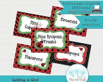 Ladybug in Red Printable Label Cards (Blank) / Food Labels / Seating Cards / Tent Cards / Etiquetas para Mesa