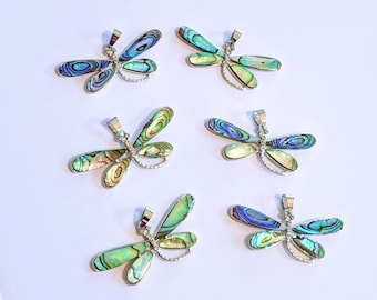 Genuine Abalone Shell, Dragonfly Pendant with Bail, Clear Rhinestones, Platinum Plated , 2 Inches, CLJewelrySupply,
