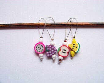 Fun Fruit Stitch Markers - set of 4 - knit knitting fruit charms, food stitch markers polymer clay