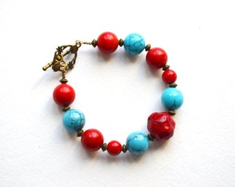 Simple Turquoise Red Bracelet Chunky Stones Bracelet Stone Beads Bracelet Boho Bracelet Tribal Bracelet Turquoise Coral Bracelet Taitallas