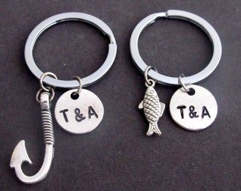 Fish & Hook Key Chain Set, Husband Wife, Girlfriend Boyfriend, Couples Jewelry gift, Anniversary Gift,Couples Keychain, Free Shipping USA