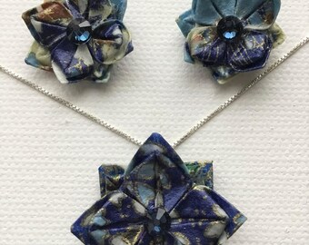 Wearable Origami Flower Set, Matching Earrings and Necklace, Blue Swarovsky Crystal