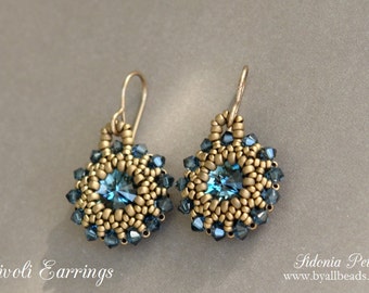 Beaded Rivoli Earrings Tutorial - Blue Crystal Earrings - PDF Beading Pattern - Digital Download