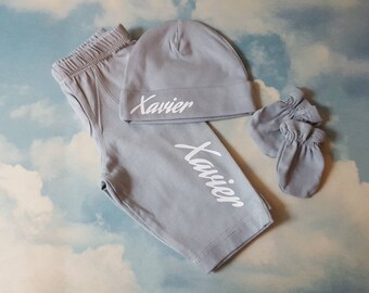 Baby Boy, CHOOSE SIZE, Newborn Take Home Outfit, Pants, Monogram Beanie Hat, Mittens, Hospital Photo, Little Brother