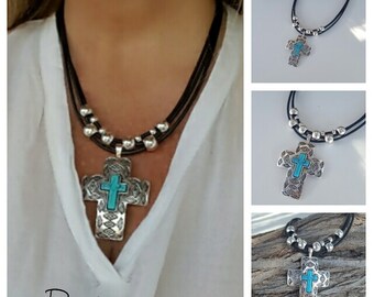 turqouise cross multirow beaded leather necklace