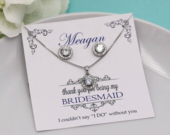 Silver Bridesmaids Jewelry Set, Round Halo Jewelry Set, Personalized Bridesmaids Jewelry Gift Set, Karina Bridesmaids Jewelry Set