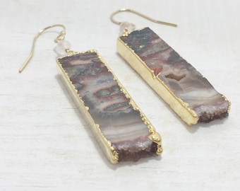 Geode Slice Earrings - Brown Druzy Agate Slice Earrings - Geode - Boho Gemstone Jewelry - Gold Filled Dangle Earrings - Gift For Her