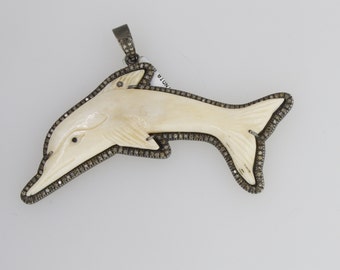 Dolphin Pendant in Bone with Silver and Diamonds