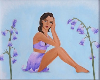Bluebell Pin-up Flower Girl, Original Acrylic Nature Art Painting, One of a Kind, 10"x8"
