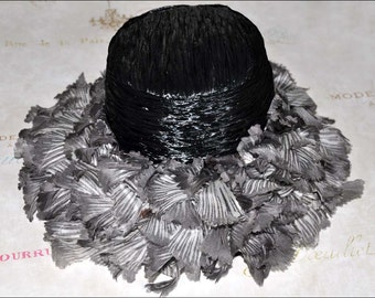 Black Wide Brim Hat, Black Straw Hat, Black and White Hat, Black Cello Hat, Organza Curls, Black Vintage Hat, Wide Brimmed Hat
